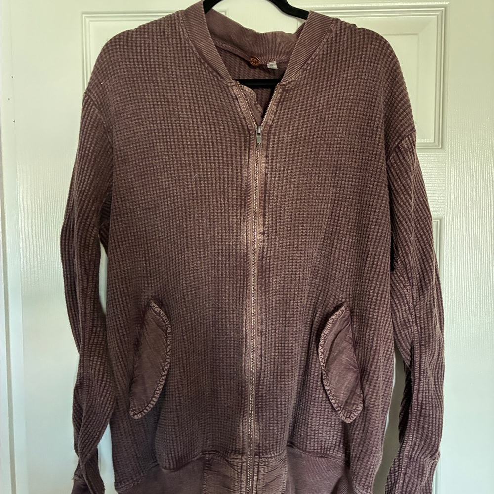 Free People Plum Waffle Knit Zip-Up Jacket